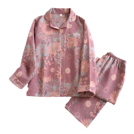 SaneShoppe - 100% Cotton Women's Yarn - Dyed Jacquard Pyjamas, Long - Sleeved 2 - piece Set.