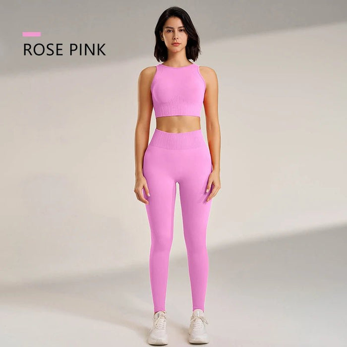 SaneShoppe - Women's High - Waisted Yoga Leggings and Top: A Seamless Two - Piece Fitness Outfit