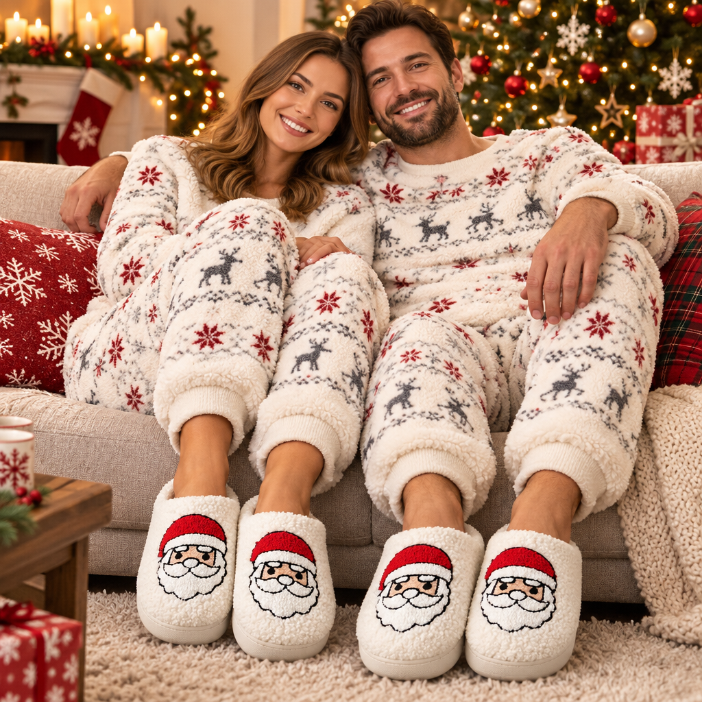 A smiling couple sits together on a couch wearing matching cozy fleece pajamas with a holiday Santa pattern, including snowflakes, reindeer, and red trim, along with matching slippers featuring embroidered Santa faces. The background shows a decorated Christmas tree, fireplace, and festive holiday decor.