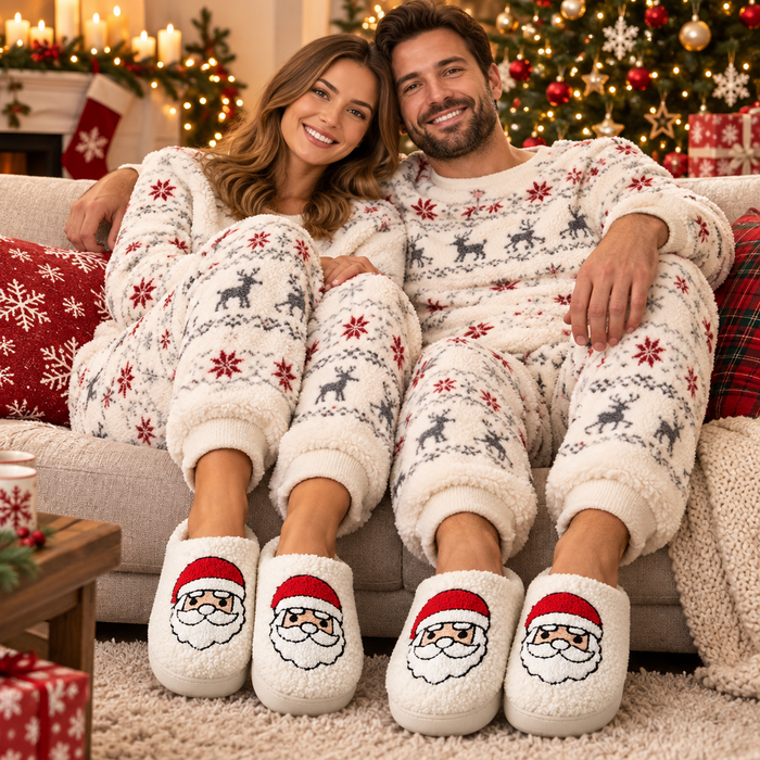 A smiling couple sits together on a couch wearing matching cozy fleece pajamas with a holiday Santa pattern, including snowflakes, reindeer, and red trim, along with matching slippers featuring embroidered Santa faces. The background shows a decorated Christmas tree, fireplace, and festive holiday decor.