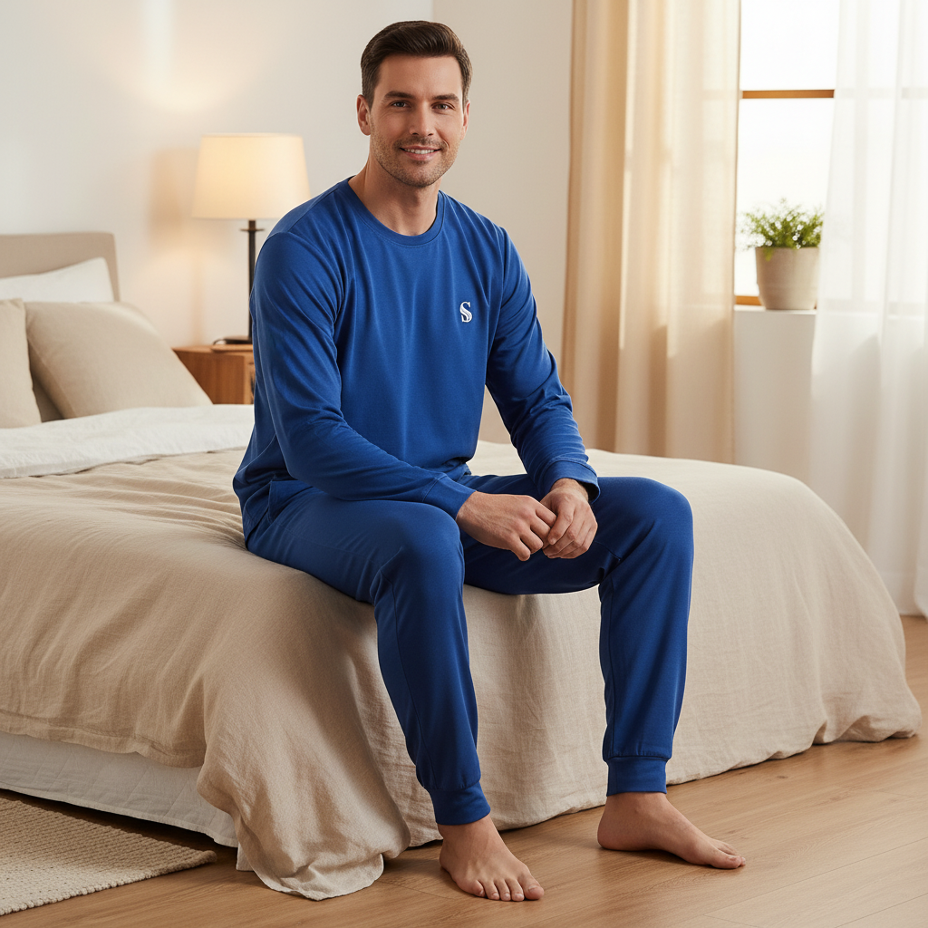 A man wearing a royal blue long-sleeve pajama set with matching pants sits on a bed in a softly lit bedroom. The pajama top has a small white stylized 'S' logo on the left chest.