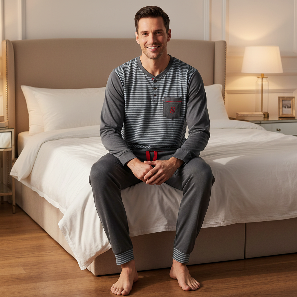 A man wearing a gray and white striped long-sleeve henley pajama shirt with a chest pocket and matching gray pajama pants sits on a bed in a warmly lit bedroom.