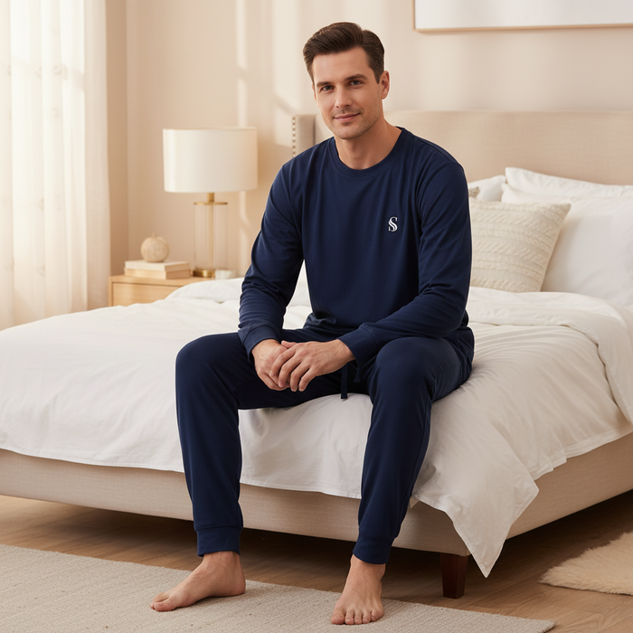 A man wearing a navy blue long-sleeve pajama top and matching pants sits on a bed in a softly lit bedroom. The pajama set has a small white embroidered logo on the chest.
