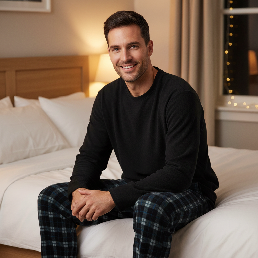 A smiling man sits on a bed in a warmly lit bedroom, wearing a black long-sleeve shirt and dark plaid pajama pants.
