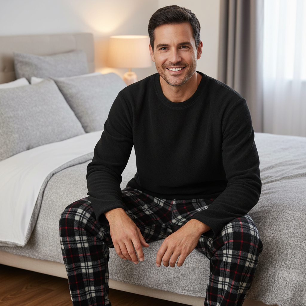 A smiling man sits on a bed in a softly lit bedroom, wearing a black long-sleeve crewneck shirt and plaid pajama pants in red, black, white, and gray.