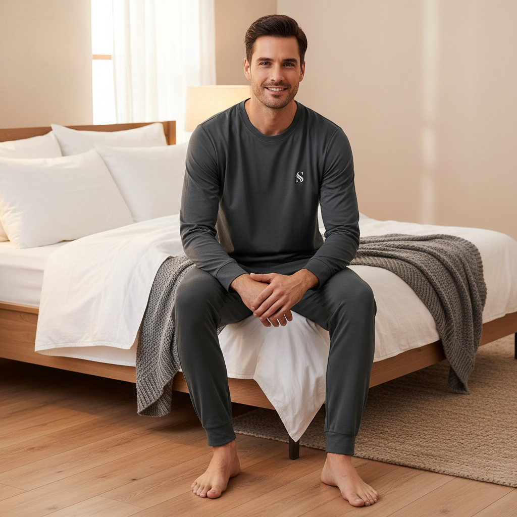 A man sits barefoot on a bed wearing a dark charcoal gray long-sleeve crewneck shirt and matching gray jogger pants in a bright, modern bedroom.