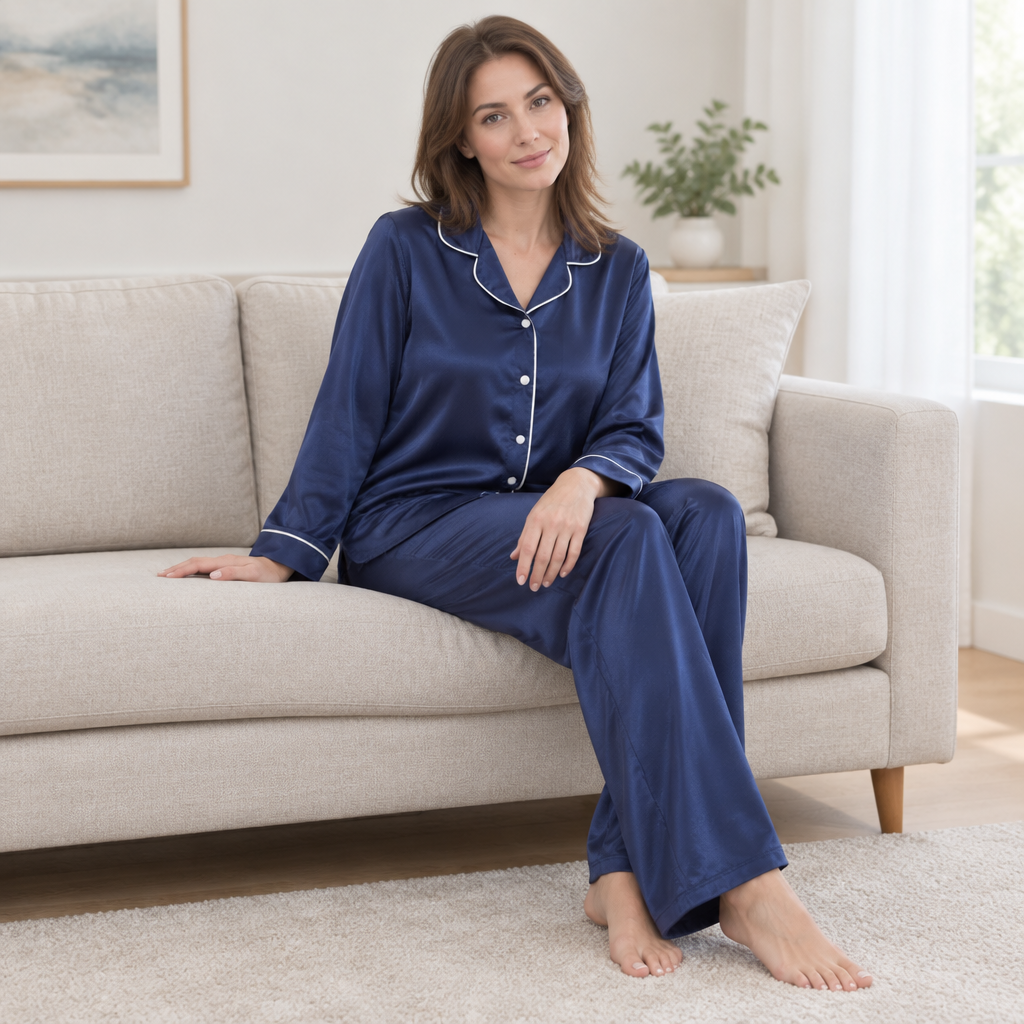 Women’s Long-Sleeve Pyjama Set with Contrast Piping
