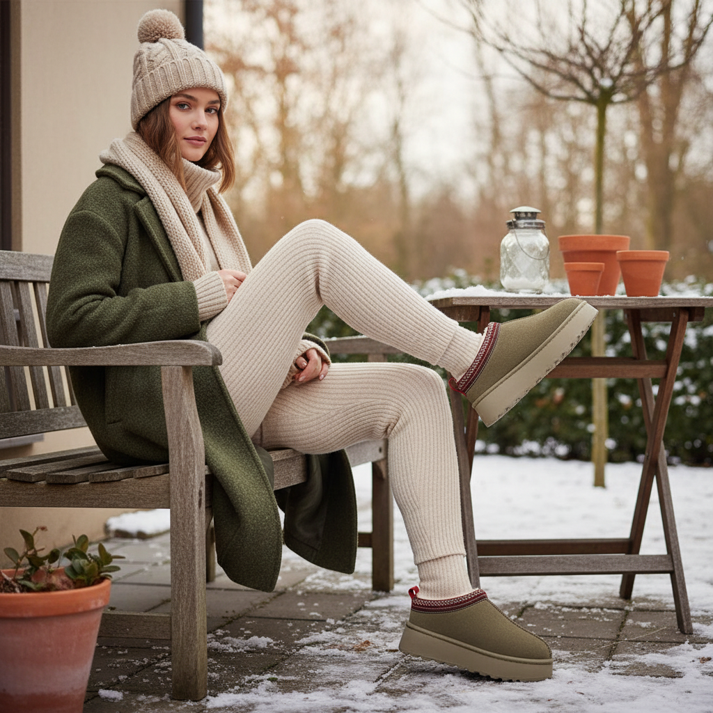 A woman sits on a wooden bench outdoors in a snowy setting, wearing a cream ribbed knit beanie, matching knit pants, a green coat, and olive green slip-on slippers with burgundy trim. A small table with terracotta pots and a glass jar is beside her.