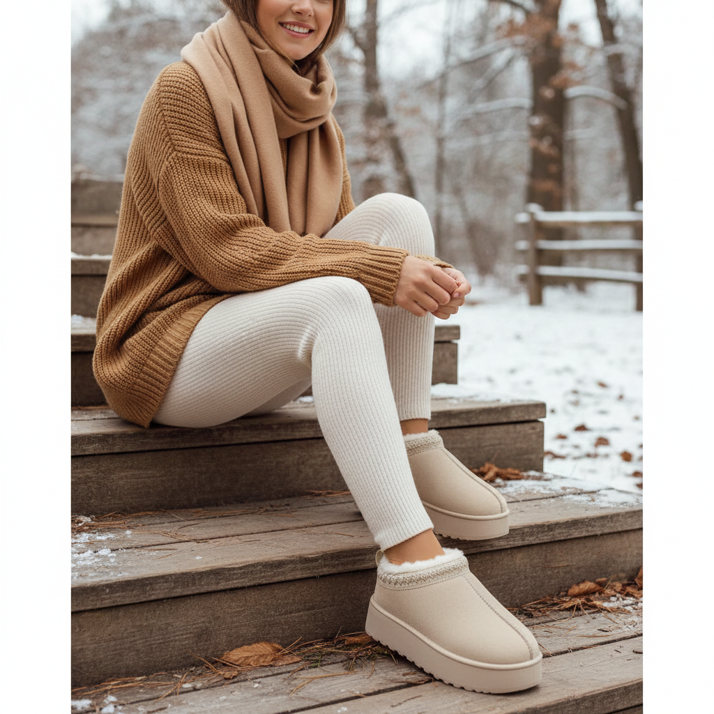 A woman sits on rustic wooden steps outdoors in the snow, wearing beige platform slippers with white faux-fur trim, a brown ribbed sweater, cream leggings, and a tan scarf.