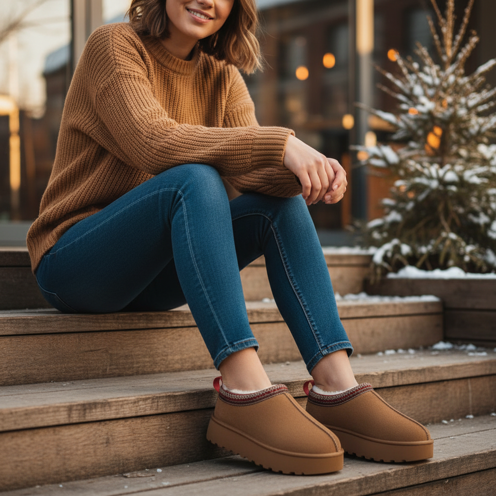 A woman sits on outdoor wooden steps wearing a ribbed brown knit sweater, blue jeans, and brown slip-on platform slippers with a fuzzy trim.