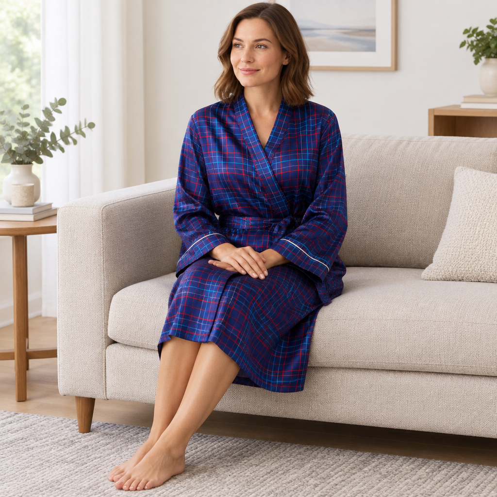 A woman sits on a light beige sofa wearing a long-sleeve plaid bathrobe in navy, red, and blue tones. The robe has a shawl collar and a matching tie belt.