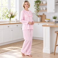 Women’s Brushed Pyjama Set with Floral Embroidery, Pink & Aqua