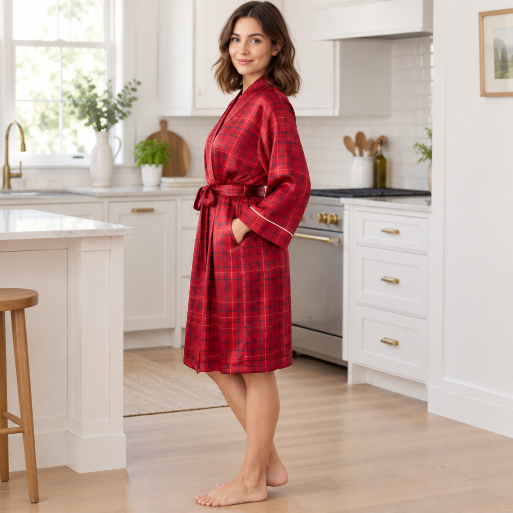 Womens Satin Kimono Bathrobe in Navy Red Check Design