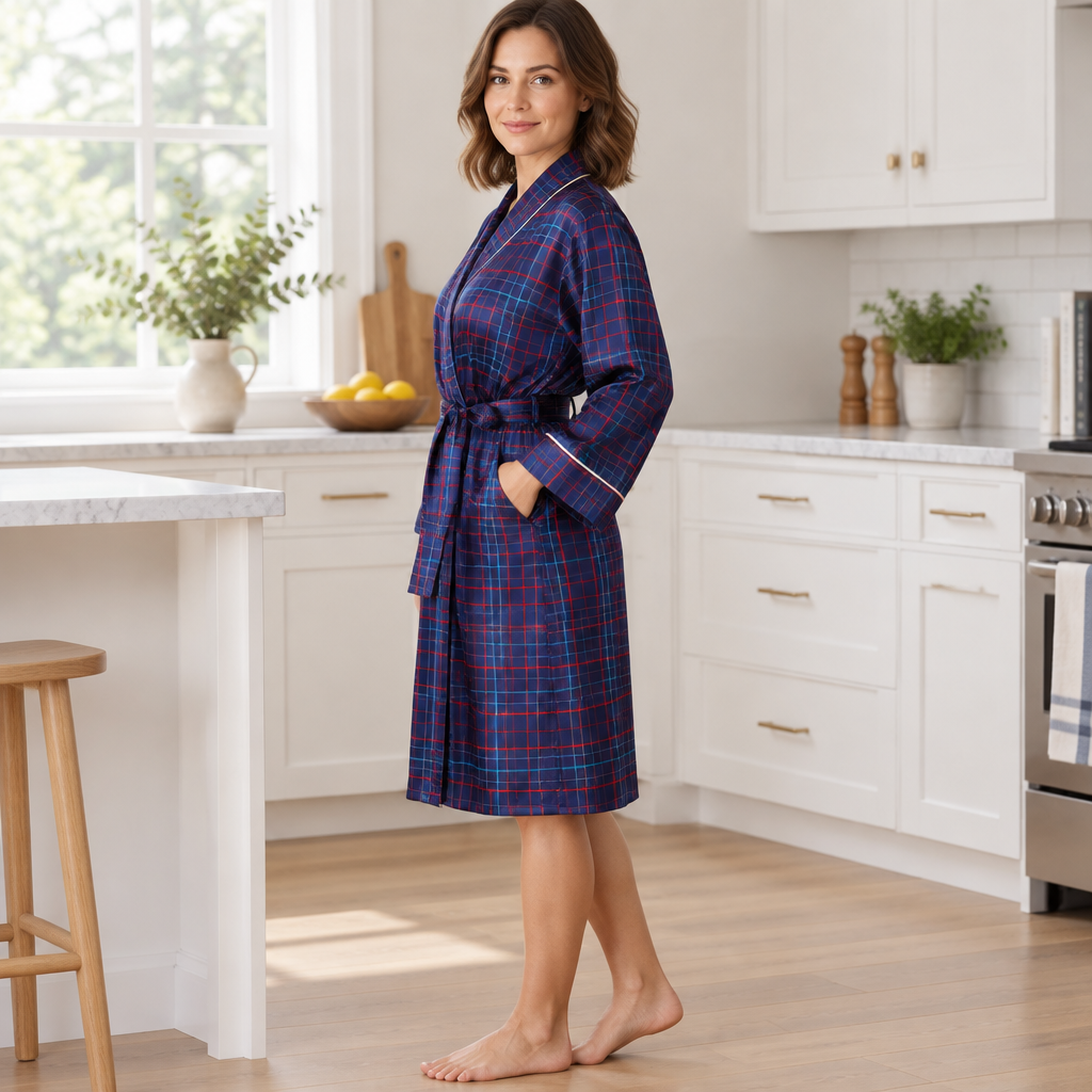 A woman stands barefoot in a bright kitchen wearing a knee-length plaid bathrobe with a shawl collar and waist tie. The robe has a dark blue and red tartan pattern with thin white piping along the edges.