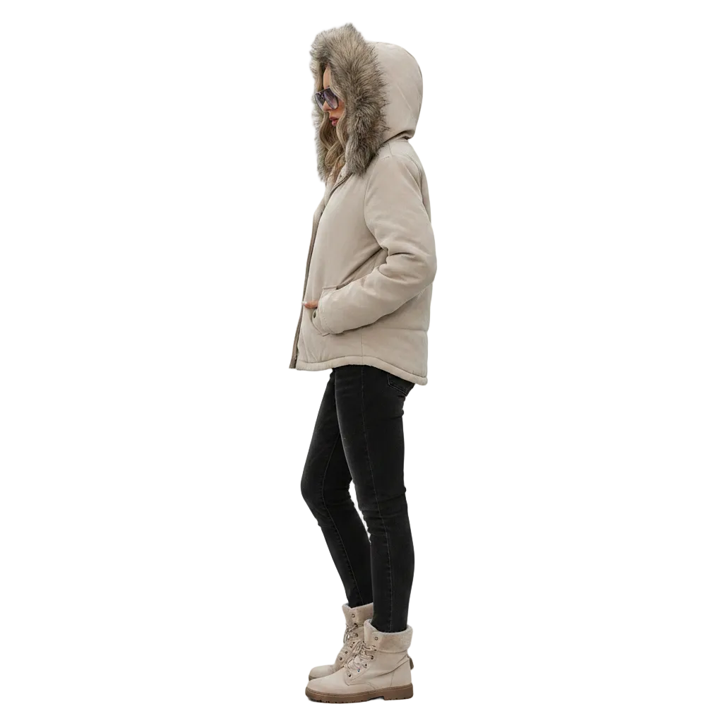 A woman shown in profile wearing a light beige hooded puffer jacket with a large faux-fur trimmed hood, black skinny pants, and beige lace-up boots against a plain white background.