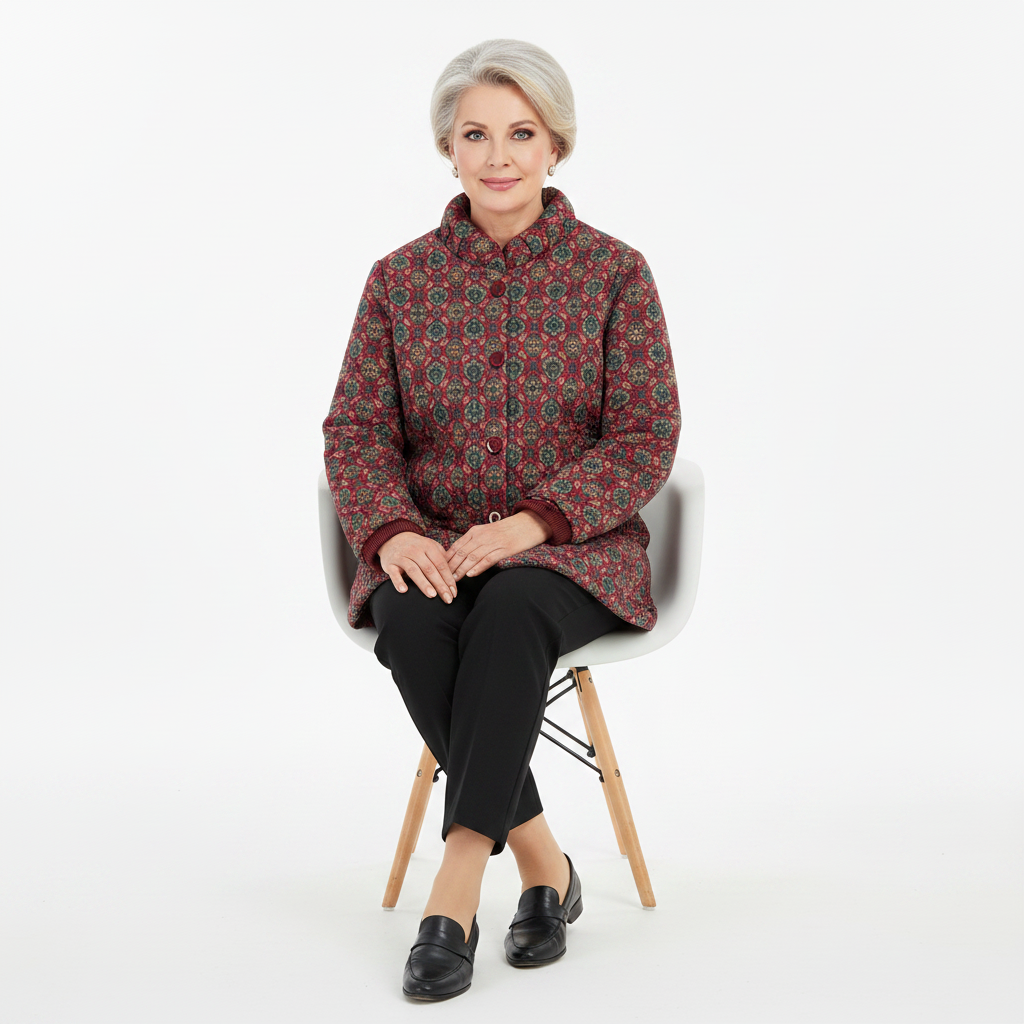 An older woman with short gray hair sits on a white chair with wooden legs, wearing a patterned quilted jacket in dark red, green, and gold, black pants, and black loafers against a plain white studio background.