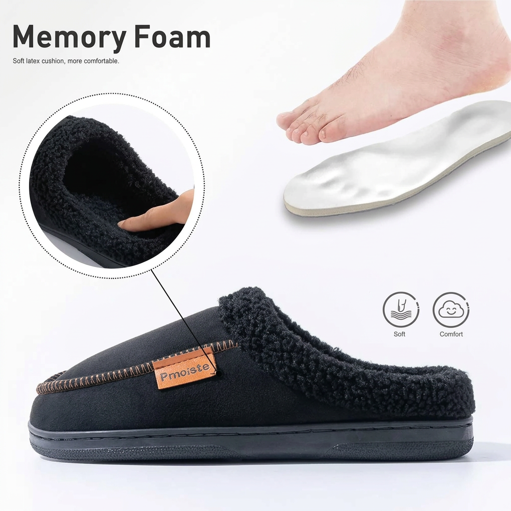New Men's TPR Bottom Winter Home Anti-Slip Warm Suede Slippers with Fleece Lining Suitable for Home Wear