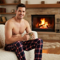 A shirtless man sitting on a cream knit armchair in front of a lit fireplace, holding a mug. He is wearing navy blue plaid pajama pants with red and white lines.