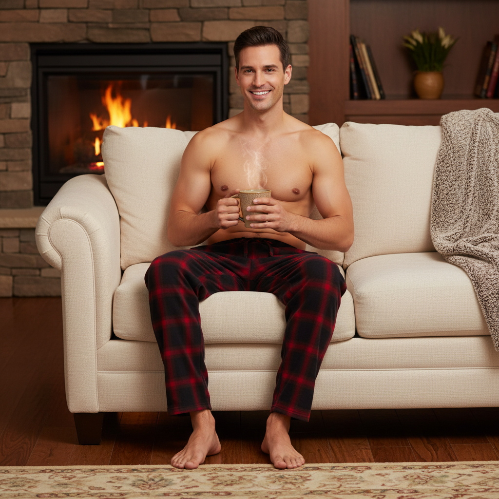 A shirtless man sitting on a cream sofa in front of a lit fireplace, wearing red and black plaid pajama pants and holding a mug. A throw blanket rests on the sofa, and a bookshelf is visible in the background.