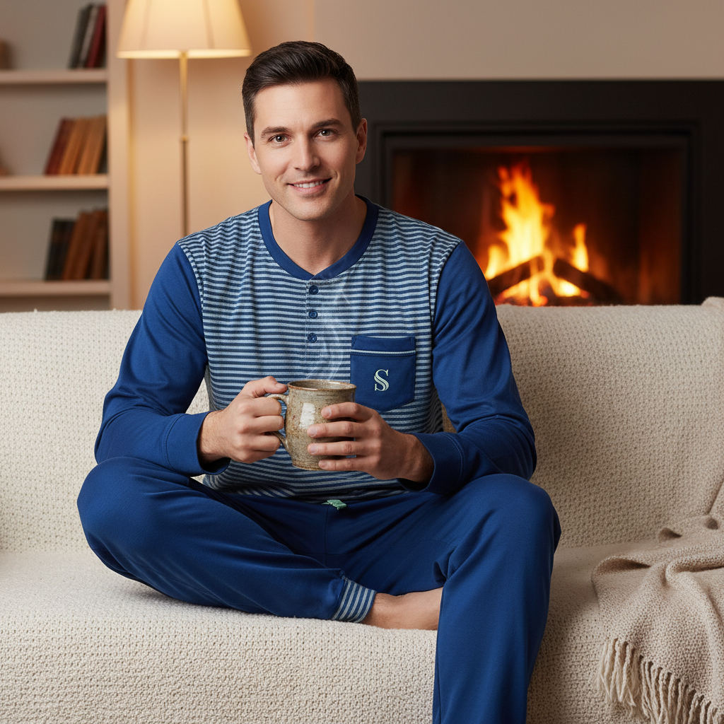A man wearing a blue and navy striped long-sleeve pajama set sits cross-legged on a cream-colored couch, holding a ceramic mug in front of a warm fireplace and bookshelves.