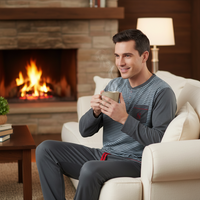 A man wearing a gray and blue striped long-sleeve pajama shirt and matching pants sits in a white armchair in front of a cozy fireplace, holding a steaming mug.