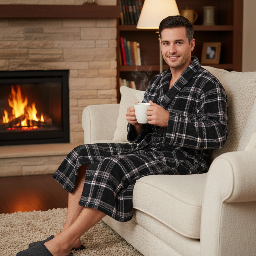 A man wearing a black and white plaid fleece bathrobe sits in a cream armchair in a cozy living room, holding a white mug with steam. A lit fireplace and bookshelves are visible in the background.