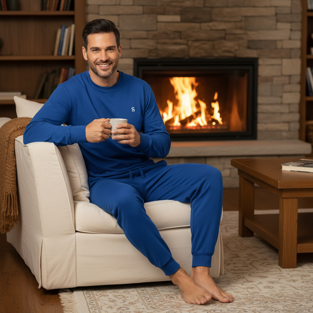 A man wearing a matching royal blue long-sleeve pajama set sits on a cream armchair in a cozy living room with a fireplace in the background, holding a white mug.