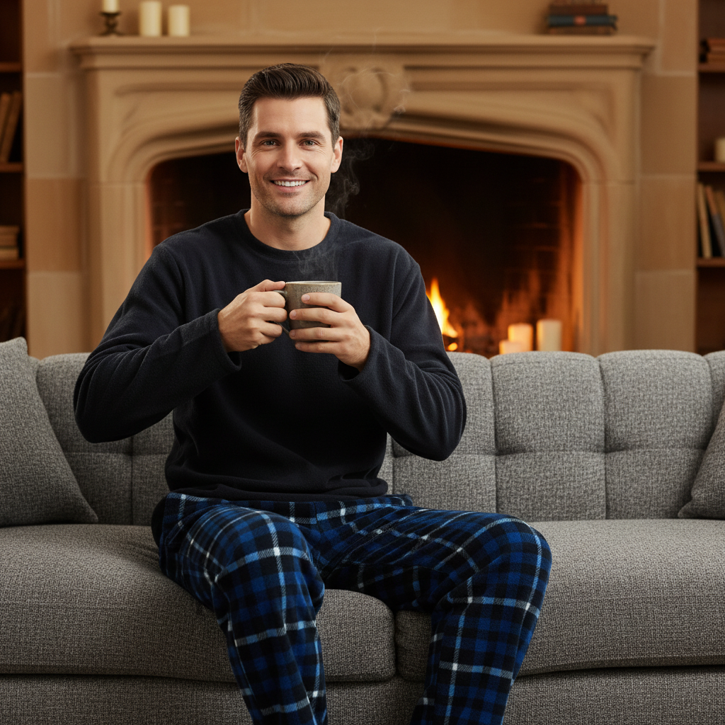 A man sitting on a gray sofa in front of a lit fireplace, wearing a dark navy long-sleeve shirt and blue plaid pajama pants, holding a gray mug.