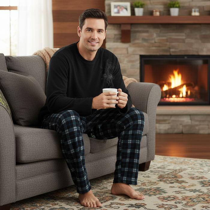 A man sits barefoot on a gray couch in front of a lit fireplace, wearing a black long-sleeve shirt and dark plaid pajama pants while holding a white mug.