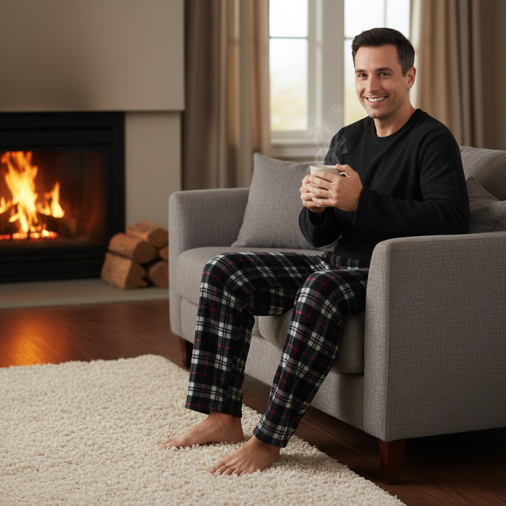 A man in a cozy living room sits on a gray armchair by a fireplace, wearing a black long-sleeve shirt and dark plaid pajama pants while holding a steaming mug.