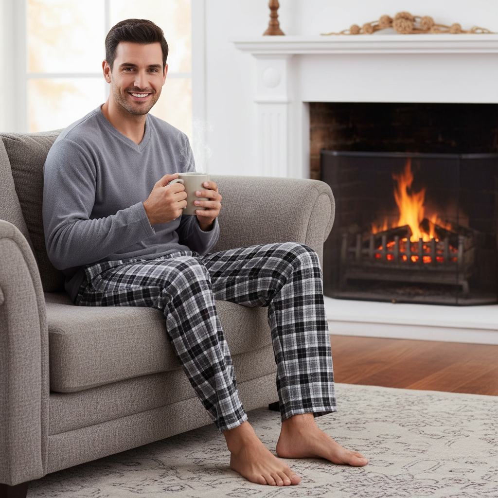 A man sitting on a gray armchair in front of a lit fireplace, wearing a gray long-sleeve shirt and black-and-white plaid pajama pants while holding a mug.