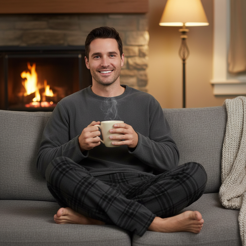 A man sitting cross-legged on a gray couch in front of a lit fireplace, wearing a dark gray long-sleeve shirt and dark plaid pajama pants while holding a light beige mug with steam rising.