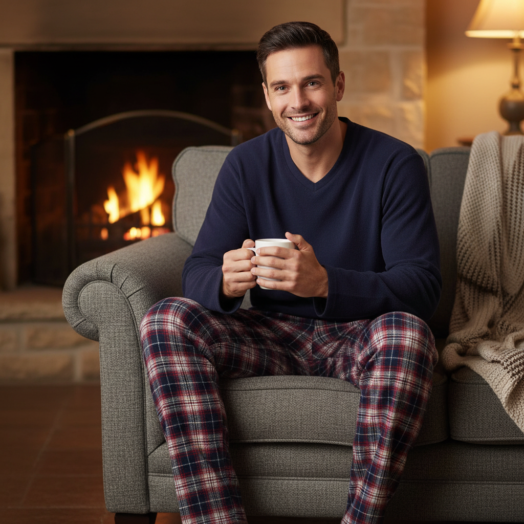 A smiling man sits on a gray armchair in front of a lit fireplace, holding a white mug. He wears a navy blue long-sleeve shirt and red-and-blue plaid pajama pants, with a cream throw blanket draped over the chair.