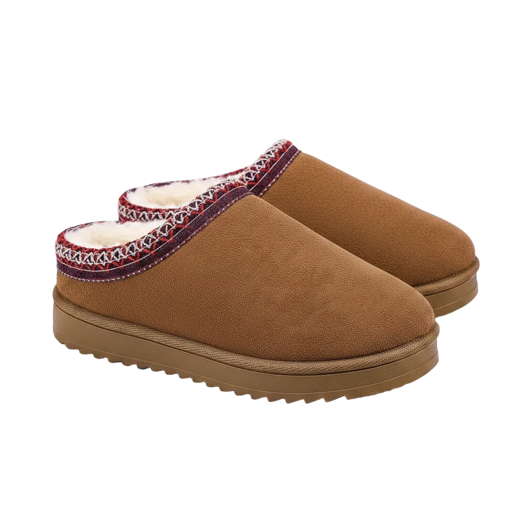 A pair of brown slip-on mule slippers with a soft white fleece lining and a decorative multicolor patterned trim around the opening, shown on a clean white background.