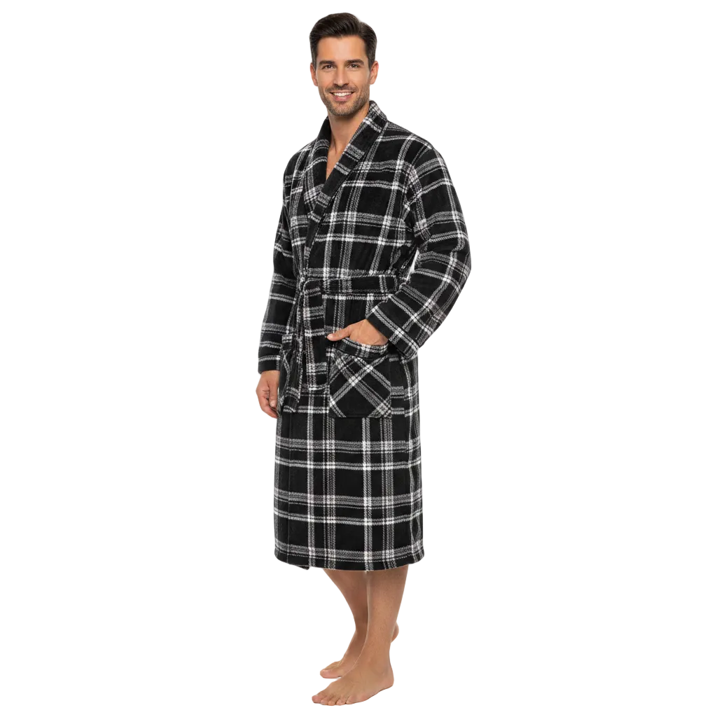 A man wearing a black and white plaid bathrobe, standing against a plain white studio background.
