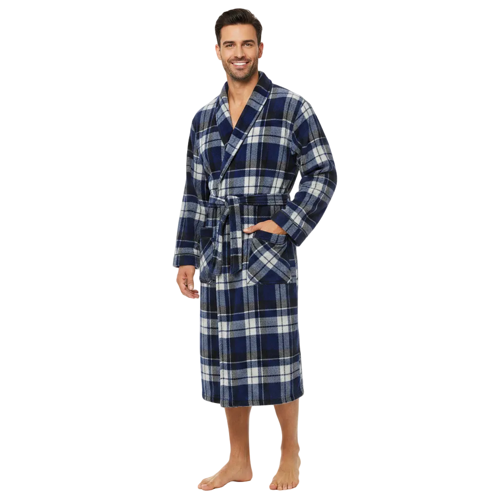 A man wearing a blue, white, and gray plaid bathrobe, standing against a solid white background.