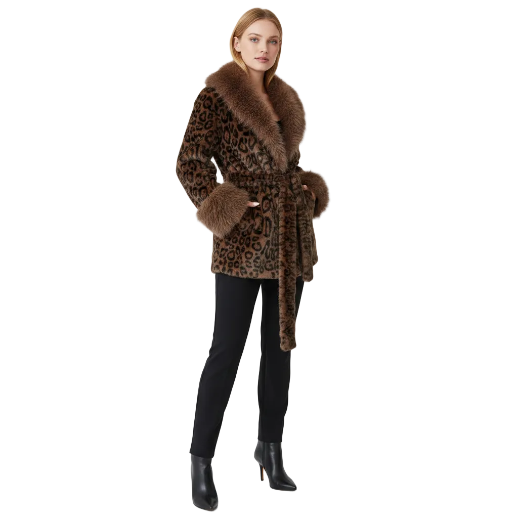 A model wearing a brown leopard-print coat with a thick brown fur collar and belt, paired with black pants and black ankle boots, against a light gray studio background.