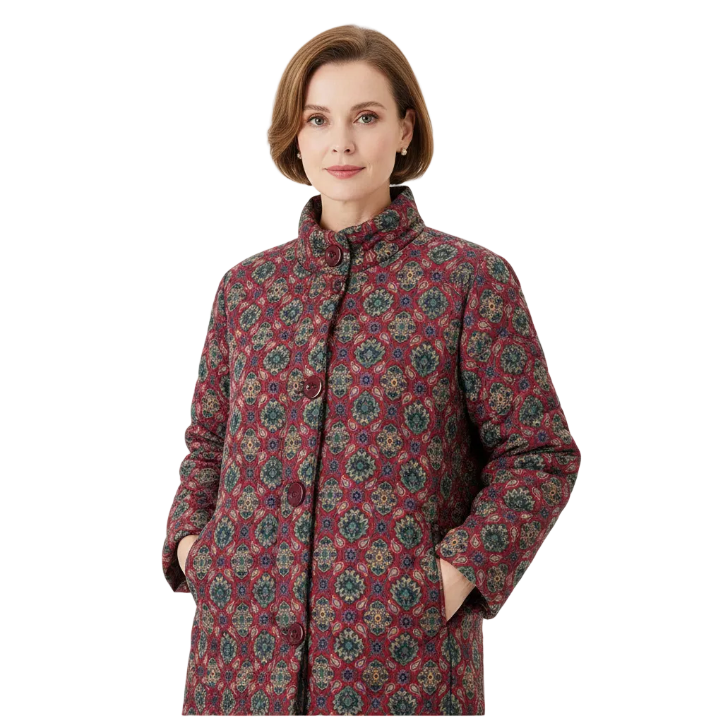 A woman wearing a high-neck, button-front coat with a dense floral and medallion pattern in burgundy, green, and beige tones, photographed against a plain light gray studio background.