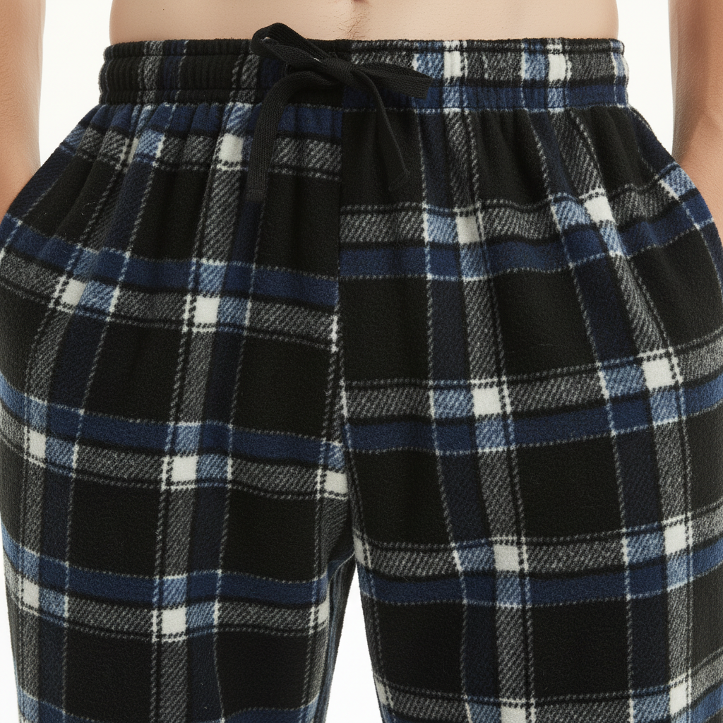 Close-up of a person wearing plaid lounge pants in black, navy, and white, with a black drawstring waistband.