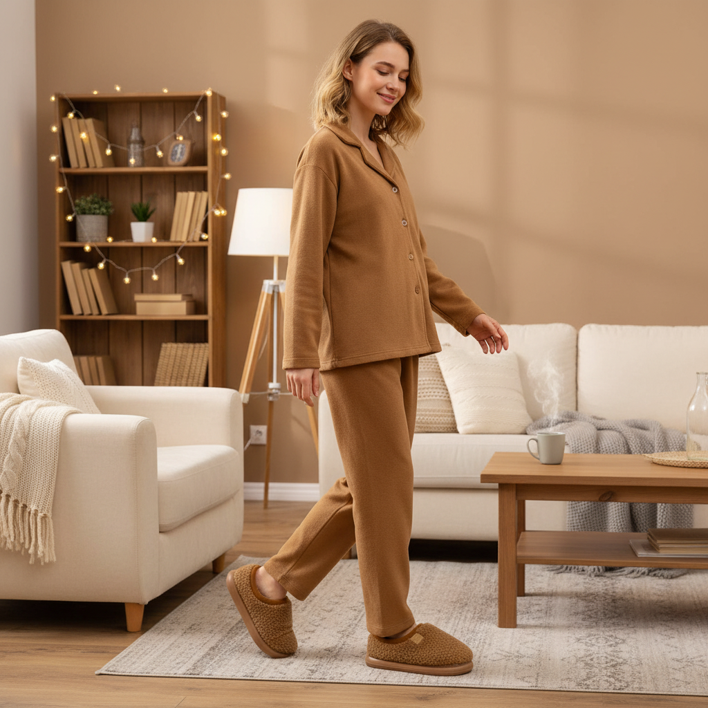 A woman wearing a matching tan two-piece pajama set with a button-front jacket and straight-leg pants walks across a living room. The set has a warm camel/tan color and is shown in a cozy interior with a sofa, armchair, bookshelf, and coffee table.