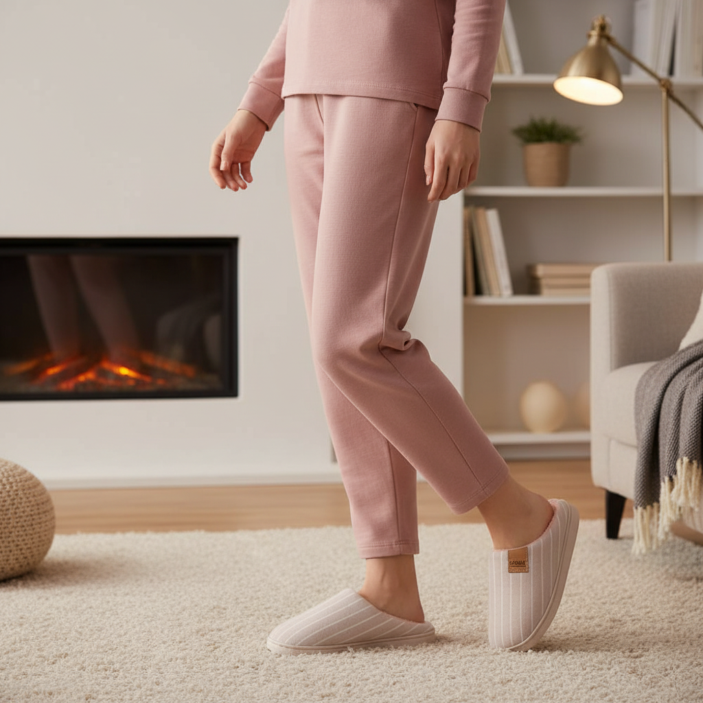 A person wearing a matching dusty pink lounge set with ribbed knit pants and a long-sleeve top, paired with light beige slip-on slippers, standing in a cozy living room with a fireplace and lamp in the background.