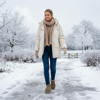 A woman walking on a snowy path wearing a cream puffer jacket, a beige knit scarf, blue jeans, and olive green boots.