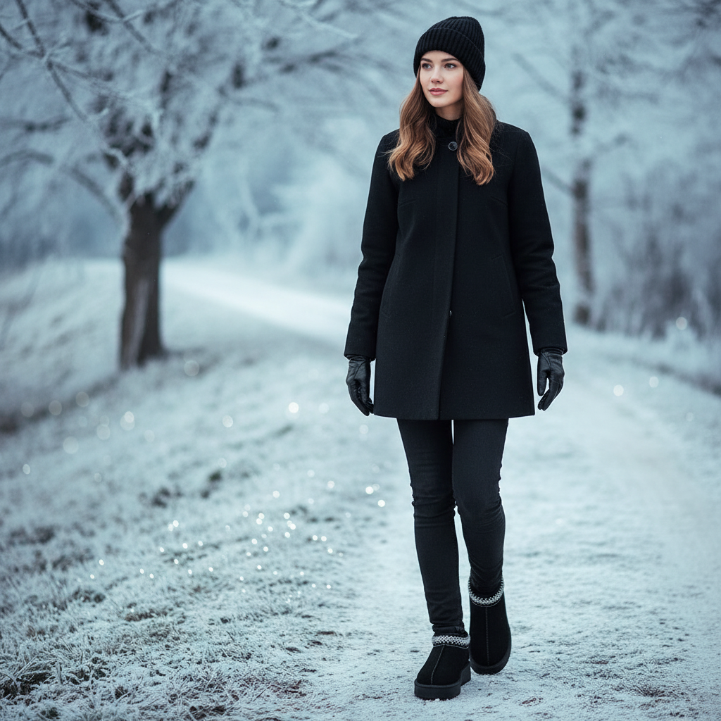 A woman stands on a snowy path wearing a black winter coat, black beanie, black gloves, and black ankle boots with a light trim, set against a frosty, blurred outdoor background.