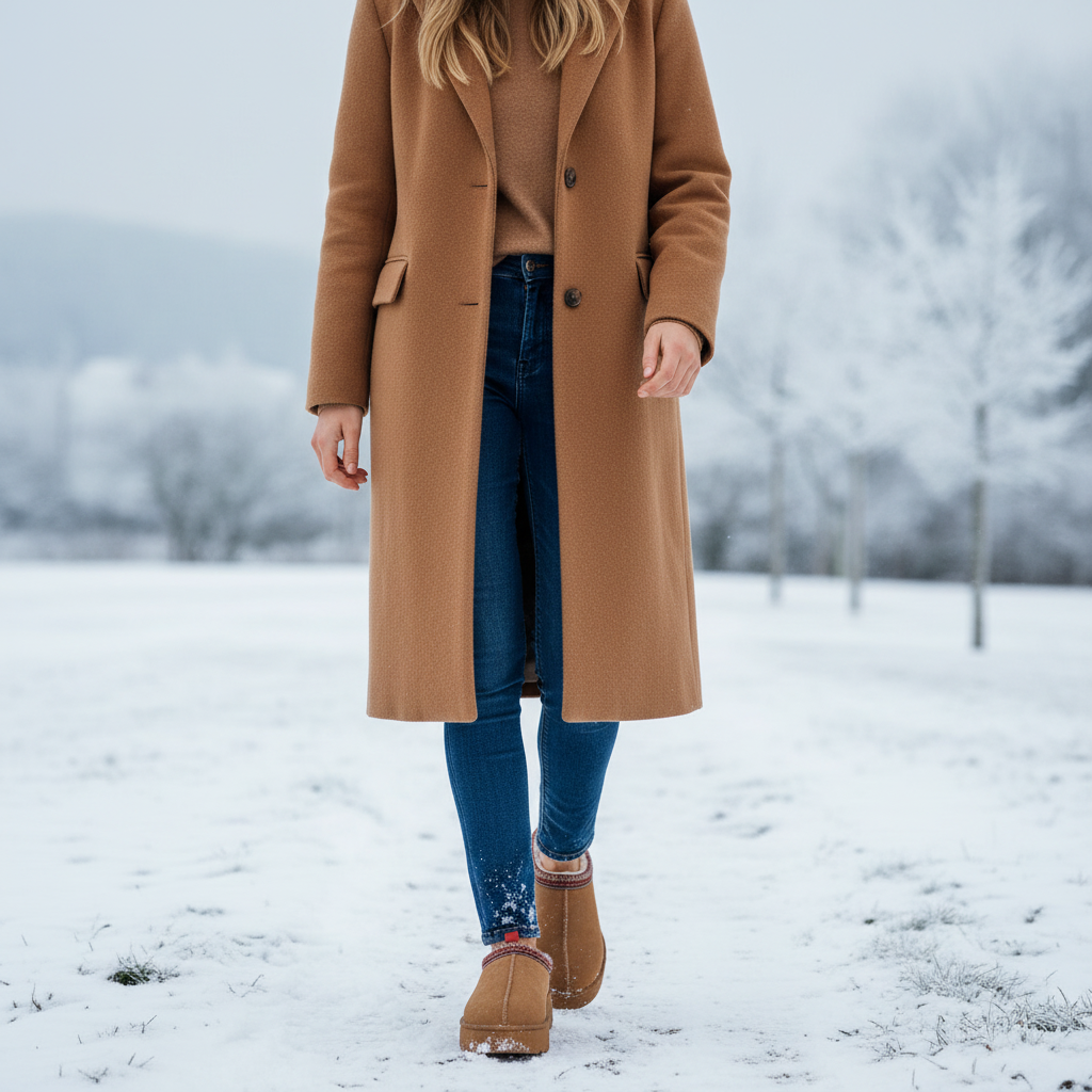 A person standing outdoors in a snowy landscape wearing a long camel-brown coat over a tan sweater, blue jeans, and tan boots.