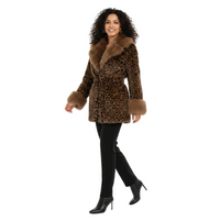 A woman modeling a brown leopard-print faux fur coat with a matching faux fur collar and cuffs, paired with black pants and black high-heeled boots, against a solid white background.