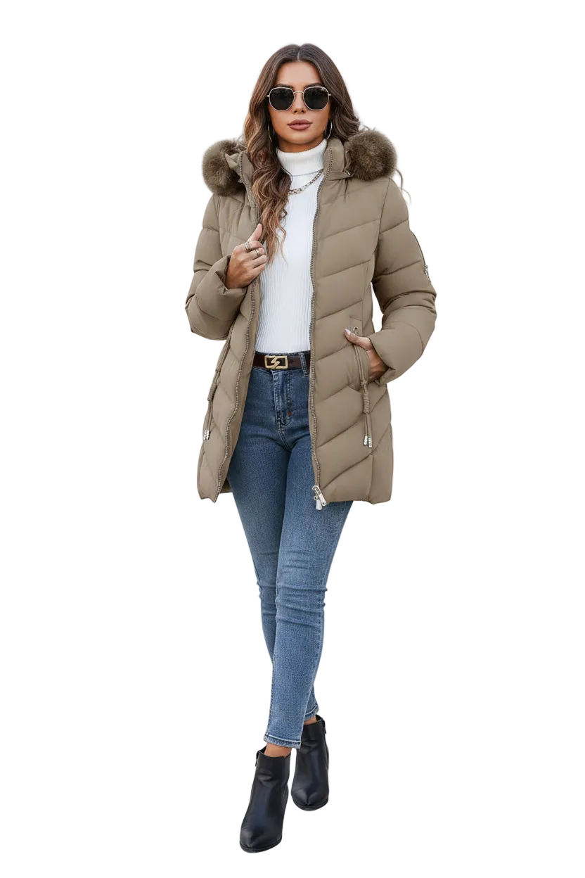 A woman modeling a mid-length beige puffer jacket with a brown faux-fur trimmed hood, worn over a white turtleneck and blue jeans, on a solid white background.