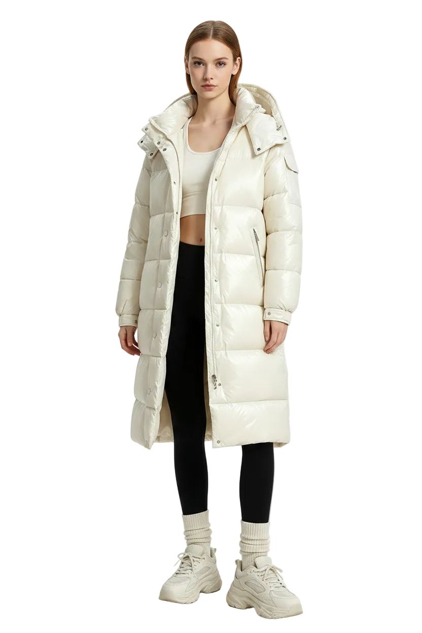 A model stands against a light gray studio background wearing a long, glossy puffer coat in off-white/cream. The coat is quilted with a large hood and front snap buttons.