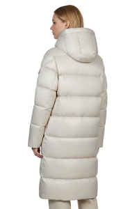 A woman shown from the back wearing a long, puffer-style hooded coat in a warm off-white or cream color, photographed against a plain white studio background.
