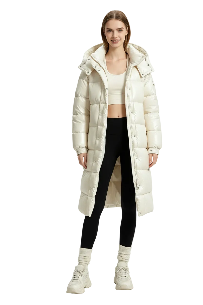 A woman modeling a long, cream-colored puffer coat over a matching cream crop top, black leggings, and off-white sneakers, photographed against a seamless white studio background.