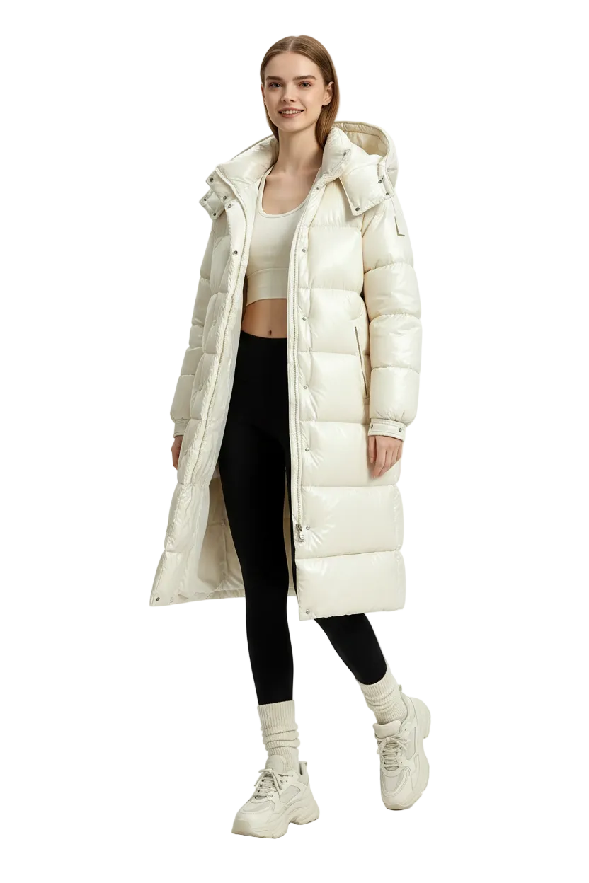 A model wearing a long, glossy off-white puffer coat over a beige crop top, black leggings, and chunky off-white sneakers, photographed against a seamless light gray studio background.